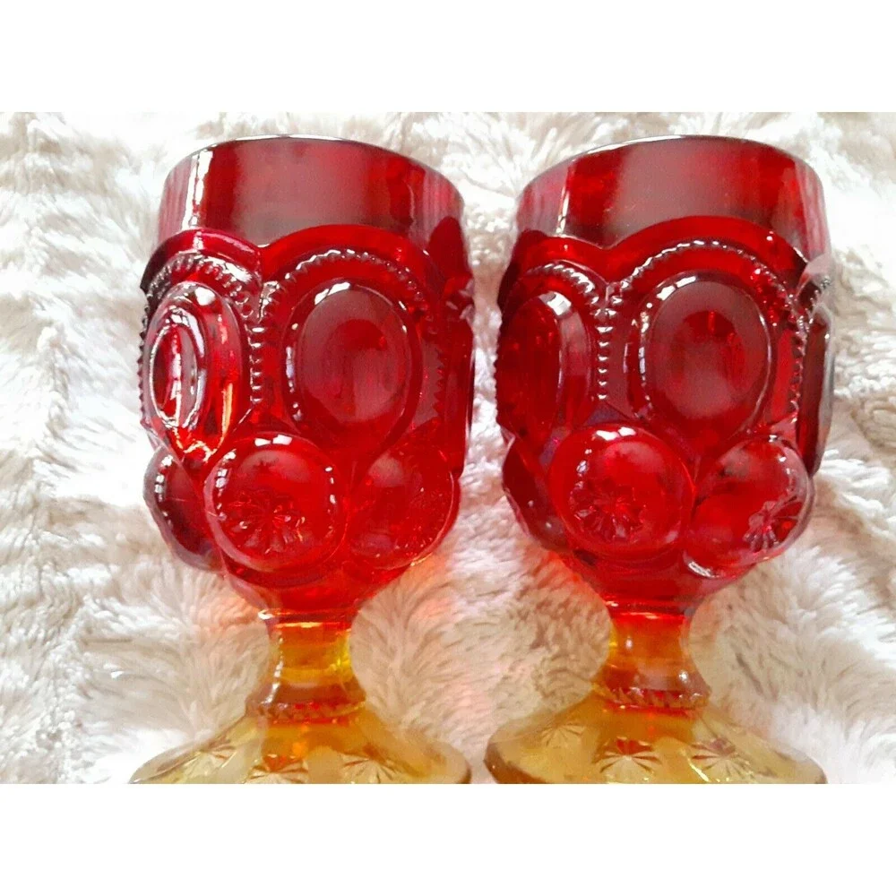 VTG LE Smith Moon And Stars Amberina Two Glass Goblets And 6 Candy Dish